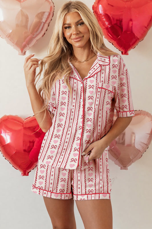 Red Cute Bow Heart Print Ribbon Decor Short 2pcs Pajama Set-Loungewear & Sleepwear/Sleepwear-[Adult]-[Female]-Red-S-2022 Online Blue Zone Planet