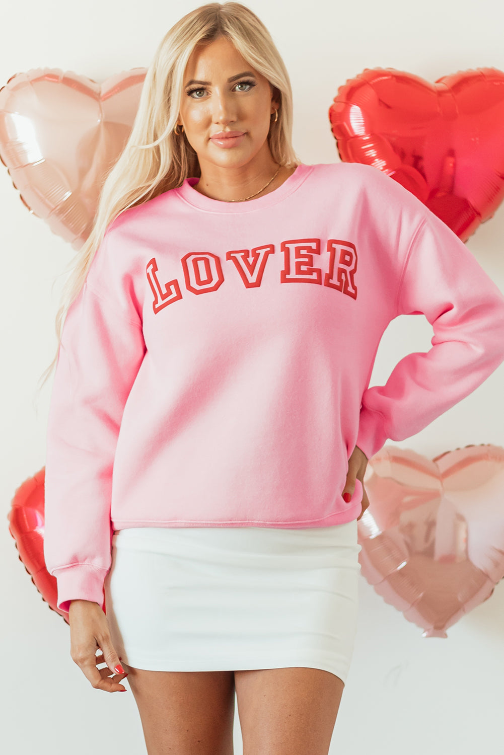 Pink LOVER Puff Print Drop Shoulder Pullover Sweatshirt-Graphic/Graphic Sweatshirts-[Adult]-[Female]-Pink-S-2022 Online Blue Zone Planet