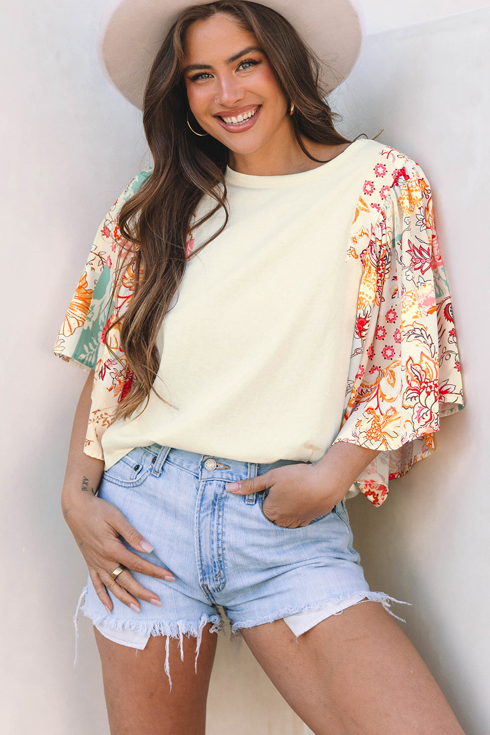 Blue Zone Planet | Beige Floral Patchwork Half Batwing Sleeve Blouse-Tops/Blouses & Shirts-[Adult]-[Female]-2022 Online Blue Zone Planet