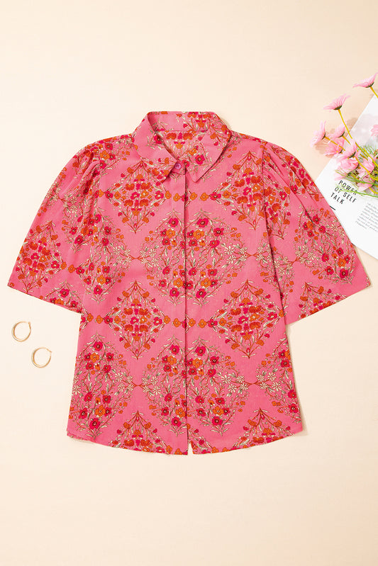 Rose Red Floral Print Wide Short Sleeve Loose Shirt-Tops/Blouses & Shirts-[Adult]-[Female]-2022 Online Blue Zone Planet