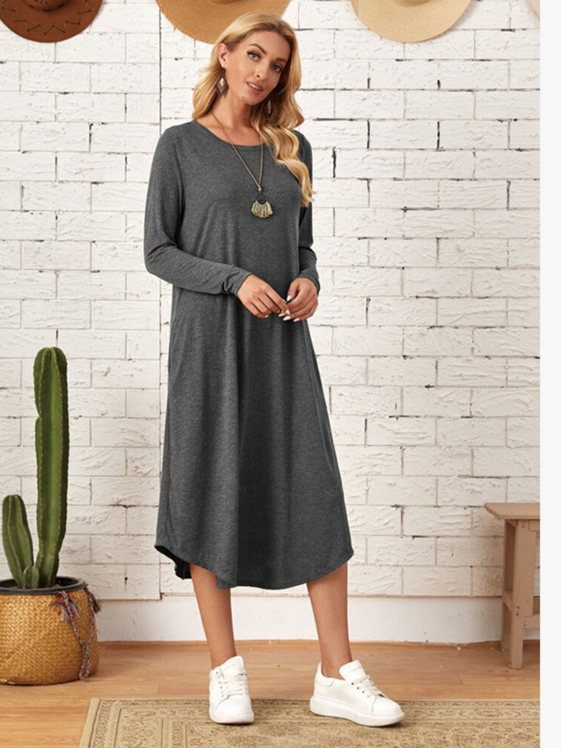 Pocketed Round Neck Long Sleeve Tee Dress-TOPS / DRESSES-[Adult]-[Female]-Dark Gray-S-2022 Online Blue Zone Planet