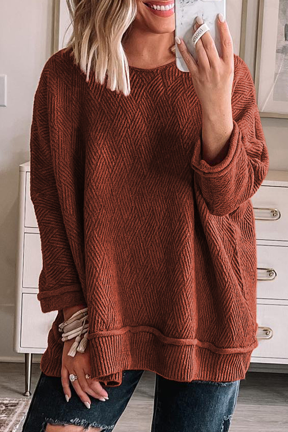 Gold Flame Solid Color Textured Crew Neck Loose Sweater-TOPS / DRESSES-[Adult]-[Female]-Gold Flame-S-2022 Online Blue Zone Planet