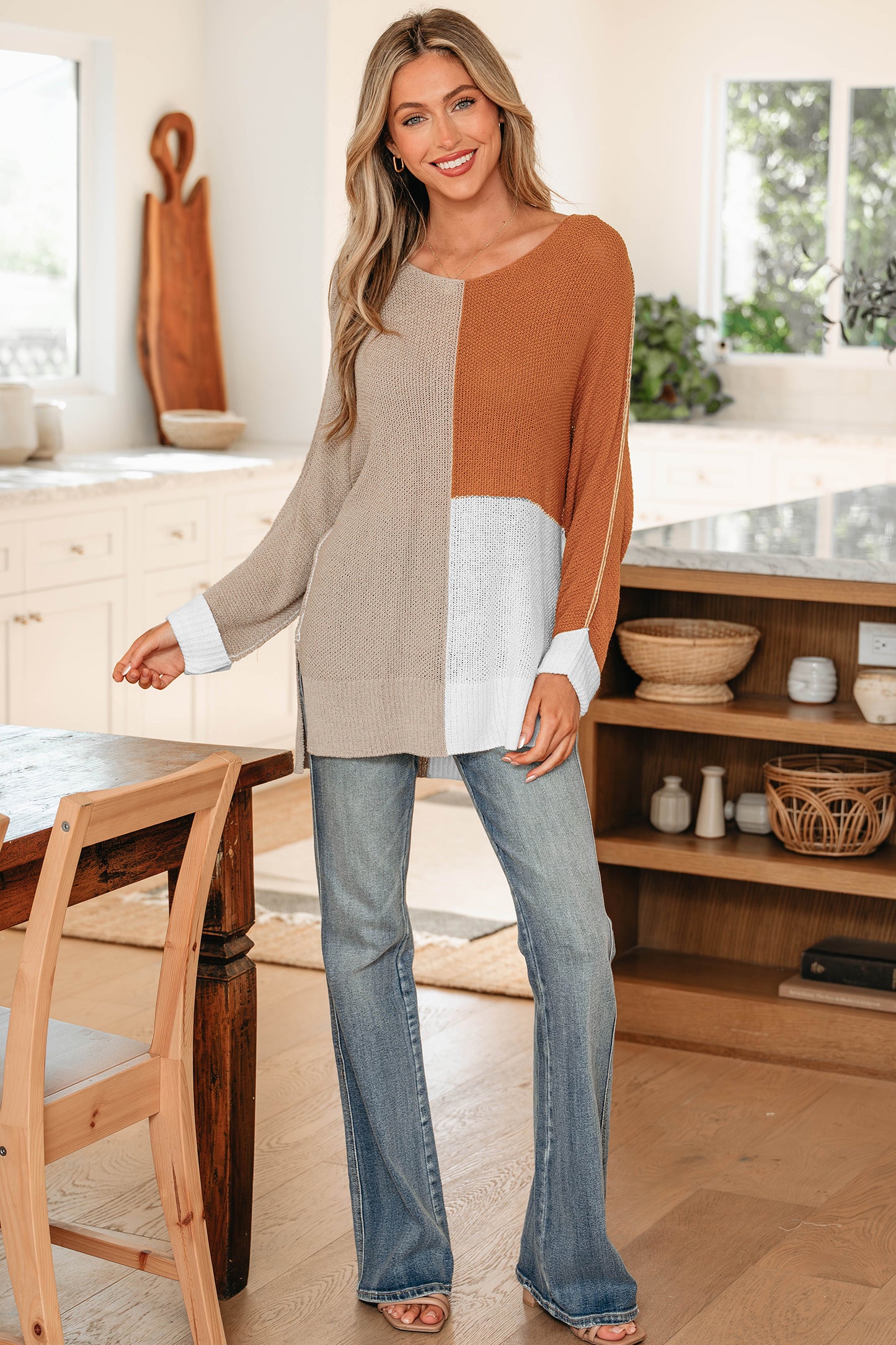 Evergreen Color Block Knit V Neck Loose Sweater-TOPS / DRESSES-[Adult]-[Female]-2022 Online Blue Zone Planet
