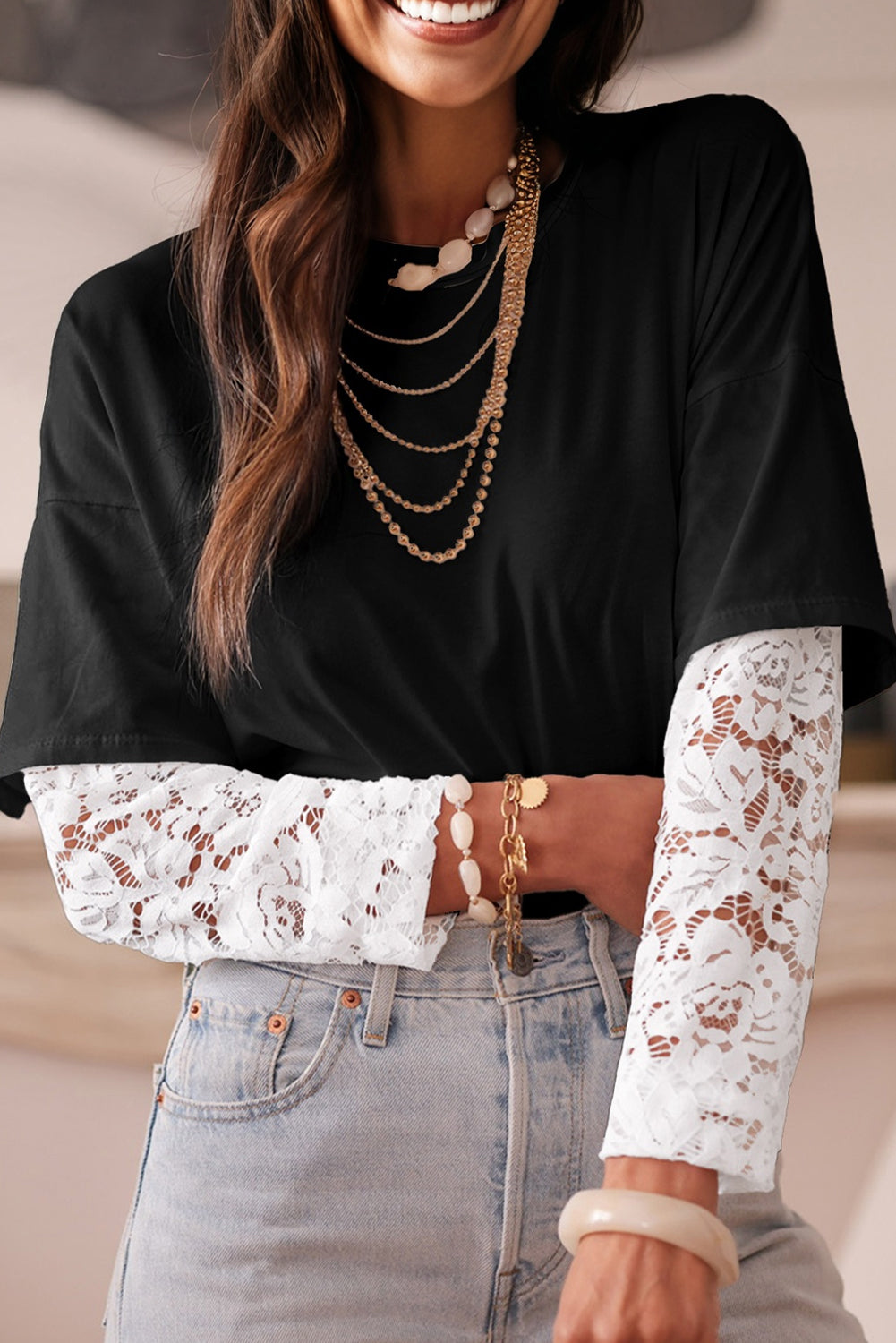 Black Lace Long Sleeve Insert Drop Shoulder Tee-Tops/Long Sleeve Tops-[Adult]-[Female]-2022 Online Blue Zone Planet