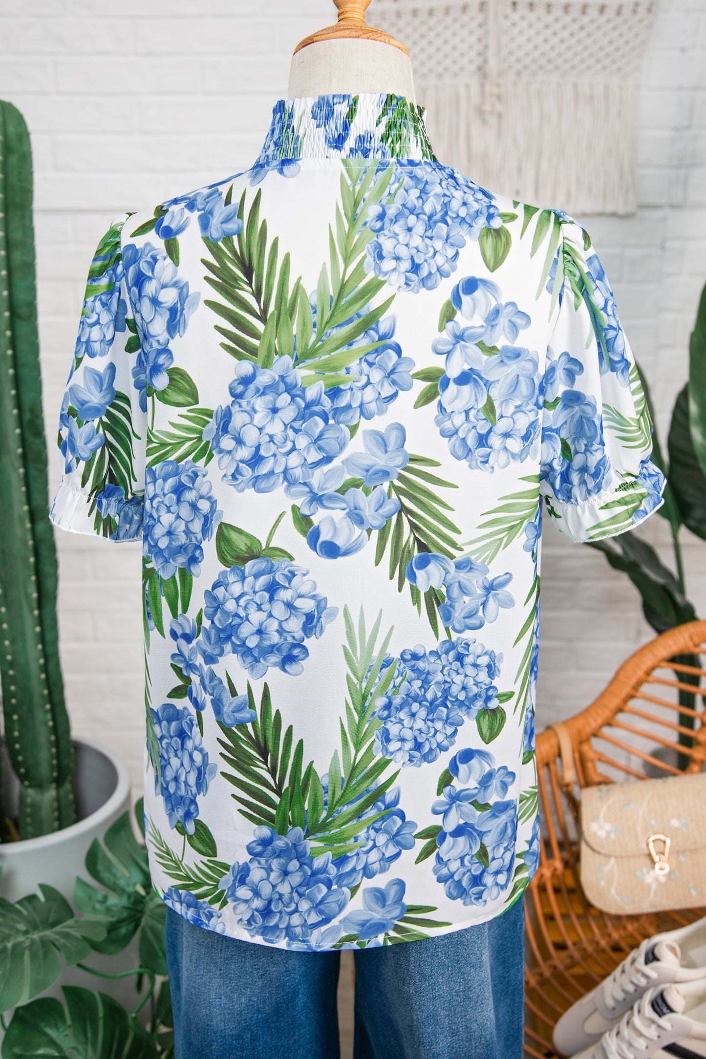 Sky Blue Palm Floral Print Striped Patchwork V Neck Short Sleeve Blouse-Tops/Blouses & Shirts-[Adult]-[Female]-2022 Online Blue Zone Planet