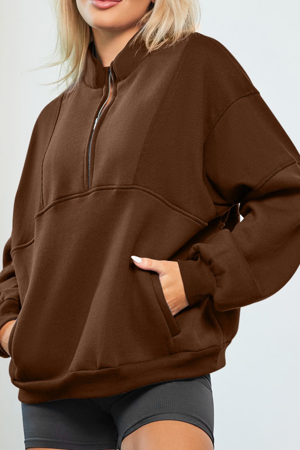 Half Zip Drop Shoulder Long Sleeve Sweatshirt-TOPS / DRESSES-[Adult]-[Female]-Brown-S-2022 Online Blue Zone Planet