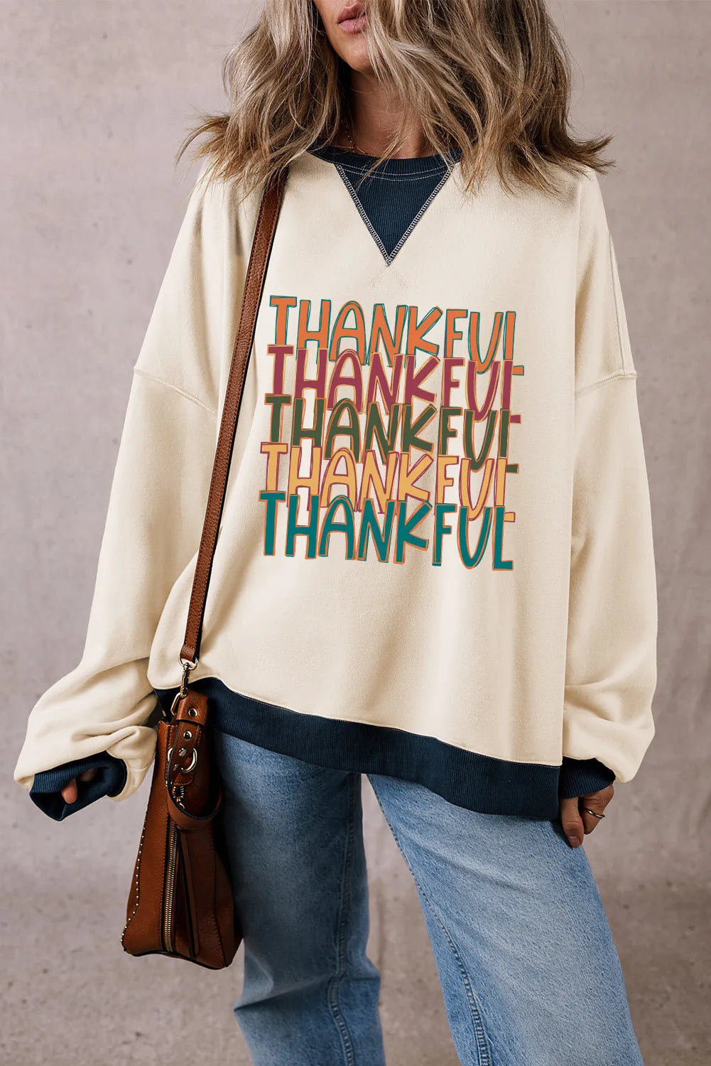 THANKFUL Round Neck Long Sleeve Sweatshirt-TOPS / DRESSES-[Adult]-[Female]-2022 Online Blue Zone Planet