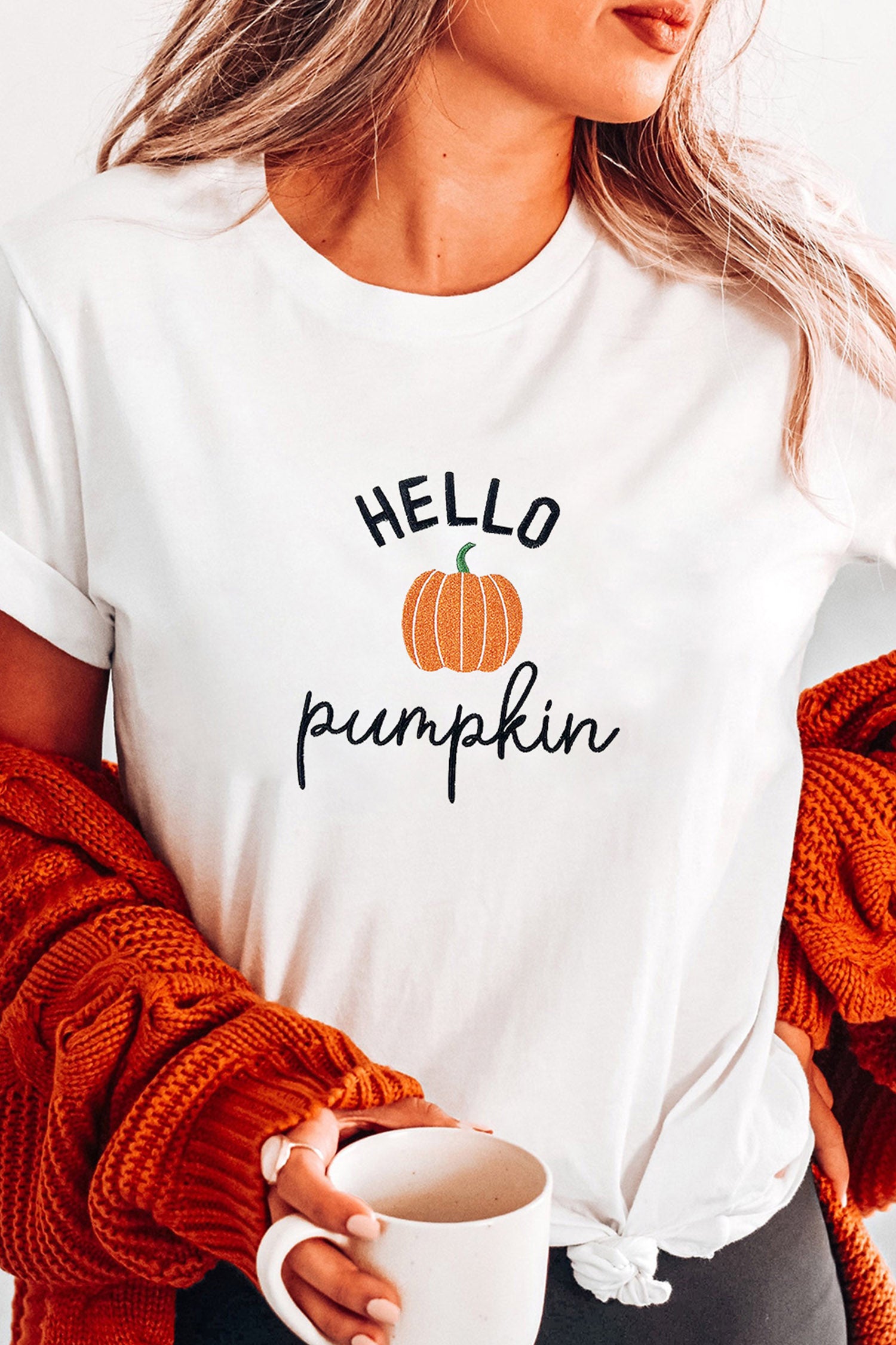 White Embroidered Pumpkin Slogan Short Sleeve T-Shirt-Graphic/Graphic Tees-[Adult]-[Female]-2022 Online Blue Zone Planet