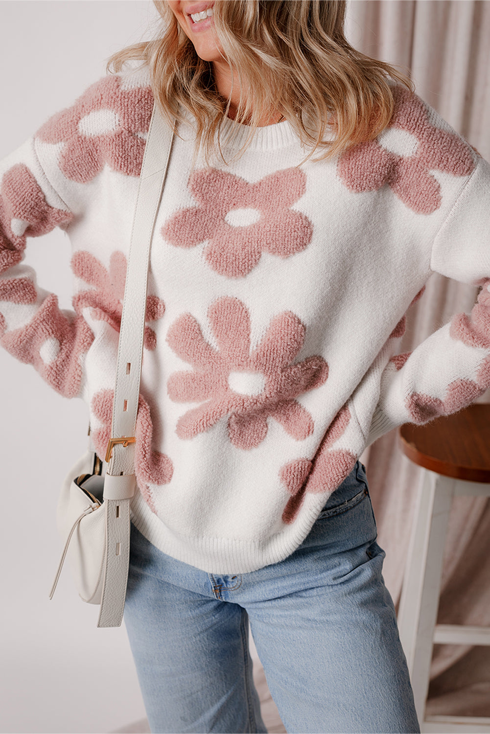 White Textured Flower Drop Shoulder Loose Sweater-Sweaters & Cardigans/Sweaters-[Adult]-[Female]-2022 Online Blue Zone Planet