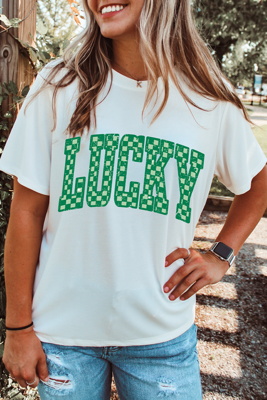White Checkerboard LUCKY Graphic St Patrick Tee-Graphic Tees-[Adult]-[Female]-White-S-2022 Online Blue Zone Planet
