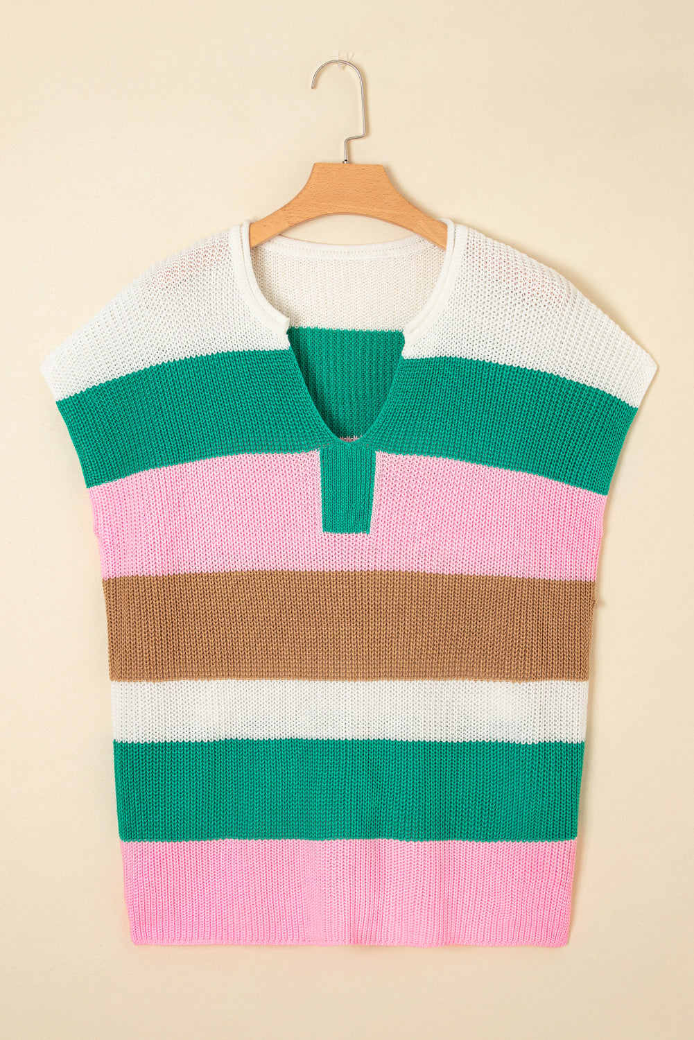 Multicolour Plus Size Striped Colorblock V Neck Short Sleeve Sweater-TOPS / DRESSES-[Adult]-[Female]-2022 Online Blue Zone Planet