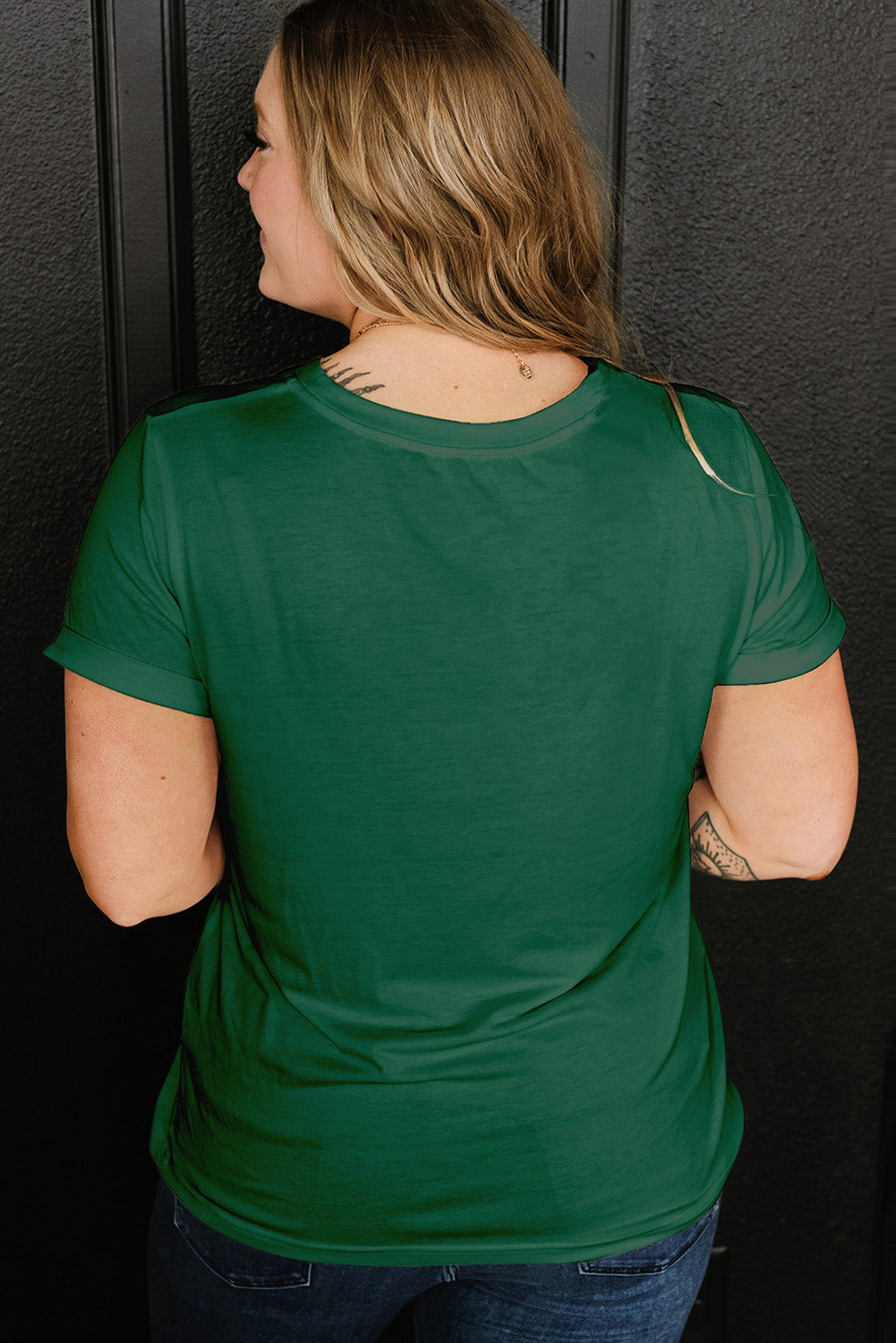 Dark Green Round Neck Rolled Sleeve Plus Size T-shirt-Plus Size/Plus Size Tops/Plus Size Tops & Tees-[Adult]-[Female]-2022 Online Blue Zone Planet