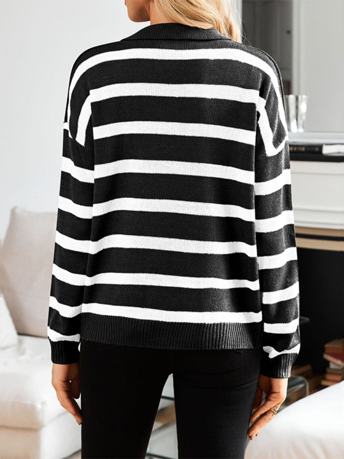 Striped Johnny Collar Long Sleeve Sweater-TOPS / DRESSES-[Adult]-[Female]-2022 Online Blue Zone Planet