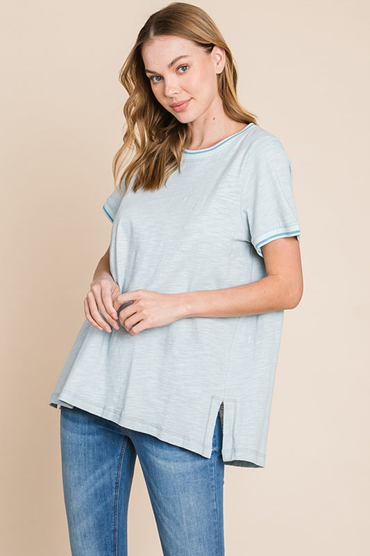 Blue Zone Planet | Cotton Bleu by Nu Lab Contrast Trim Short Sleeve Slit T-Shirt-TOPS / DRESSES-[Adult]-[Female]-Seafoam-S-2022 Online Blue Zone Planet