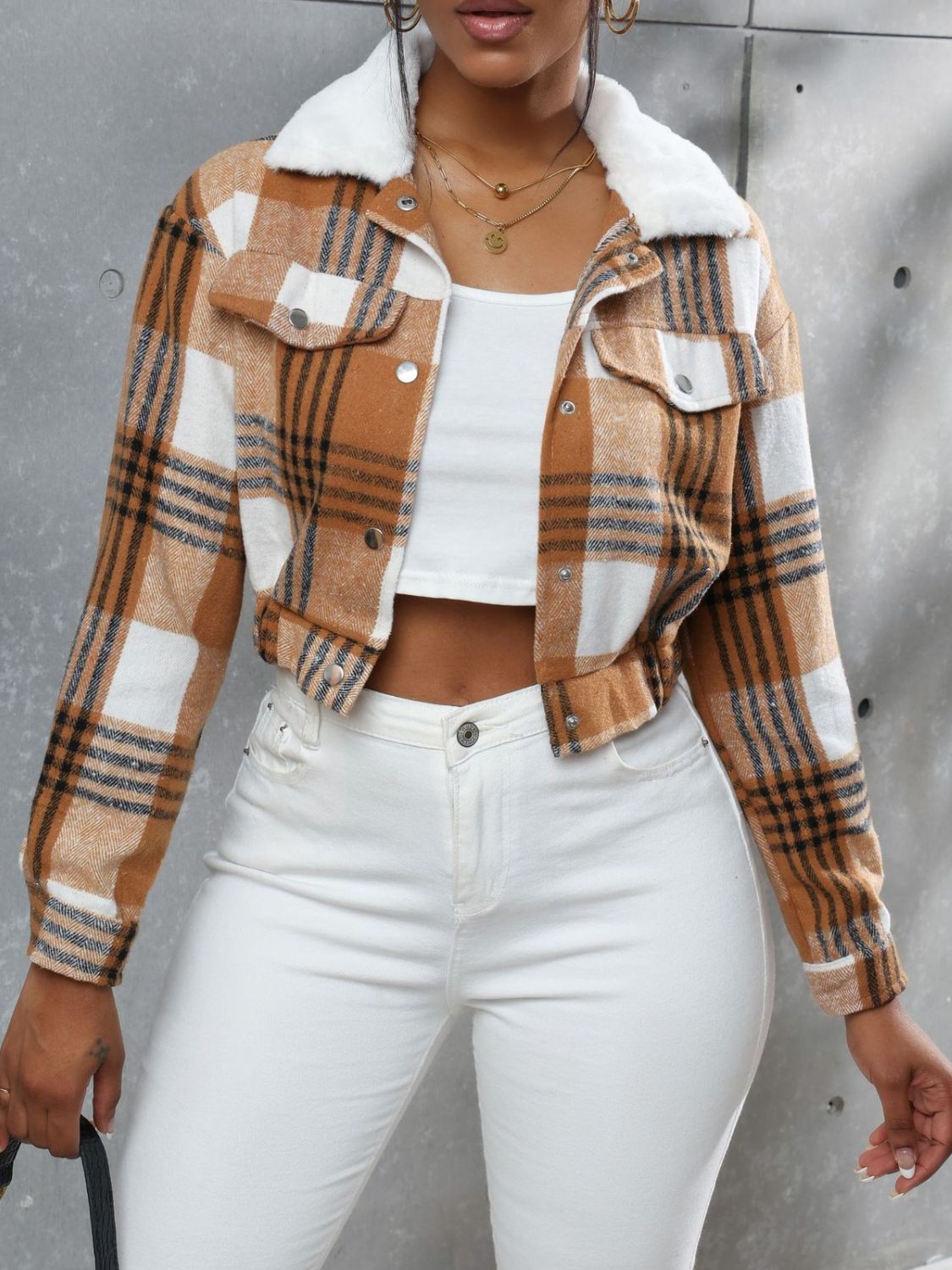 Blue Zone Planet | Plaid Snap Down Collared Neck Cropped Jacket-TOPS / DRESSES-[Adult]-[Female]-Tan-S-2022 Online Blue Zone Planet