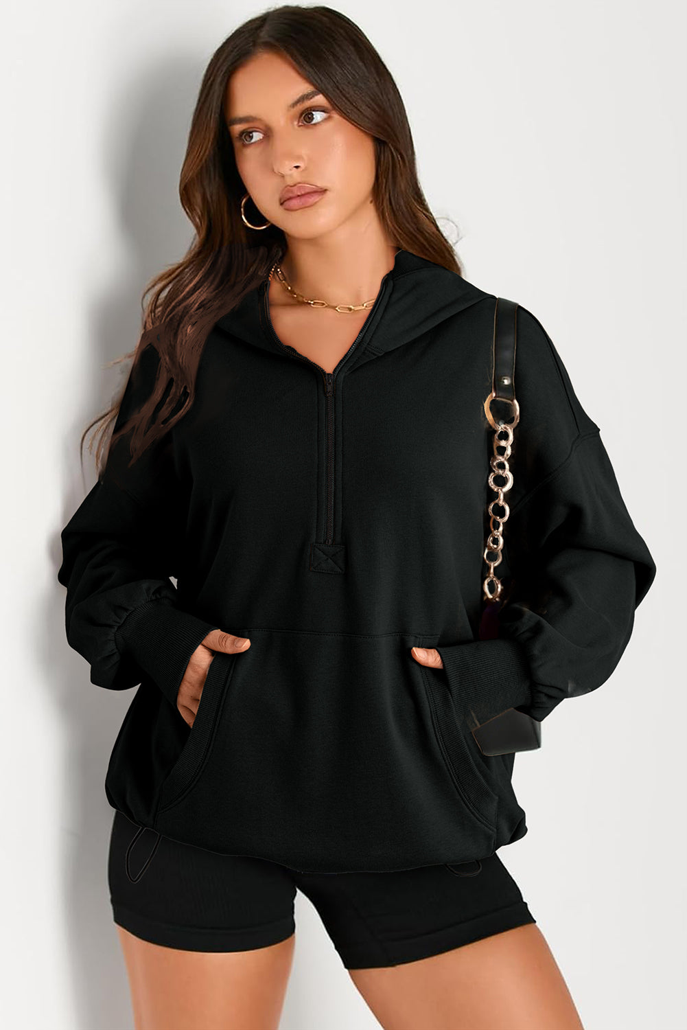 Pocketed Half Zip Long Sleeve Hoodie-HOODIES-[Adult]-[Female]-Black-S-2022 Online Blue Zone Planet