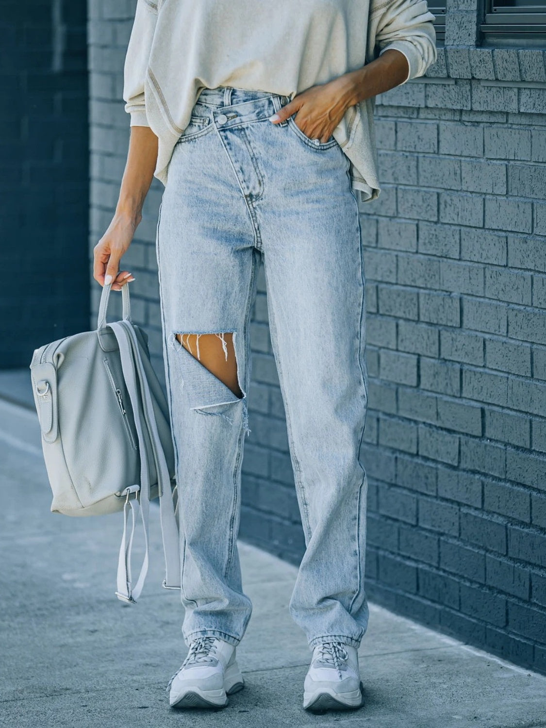 Distressed Asymmetric Waist Jeans-BOTTOMS SIZES SMALL MEDIUM LARGE-[Adult]-[Female]-Light-S-2022 Online Blue Zone Planet