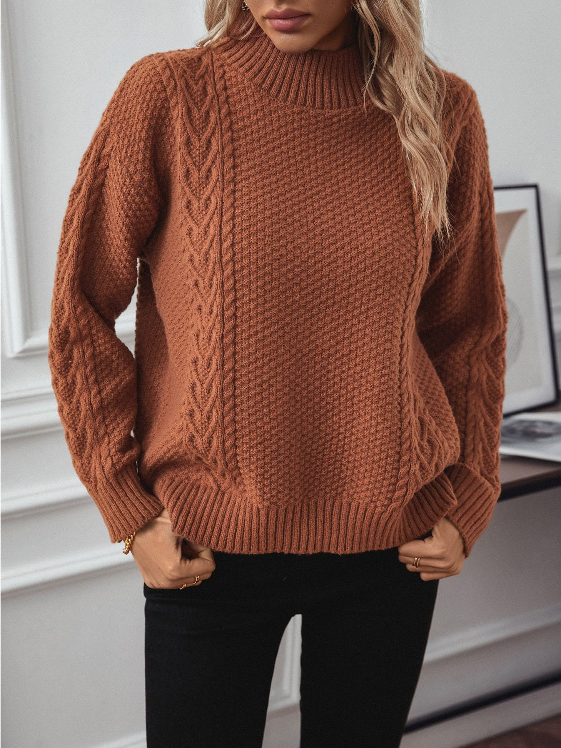 Blue Zone Planet | Cable-Knit Mock Neck Long Sleeve Sweater-TOPS / DRESSES-[Adult]-[Female]-Caramel-S-2022 Online Blue Zone Planet