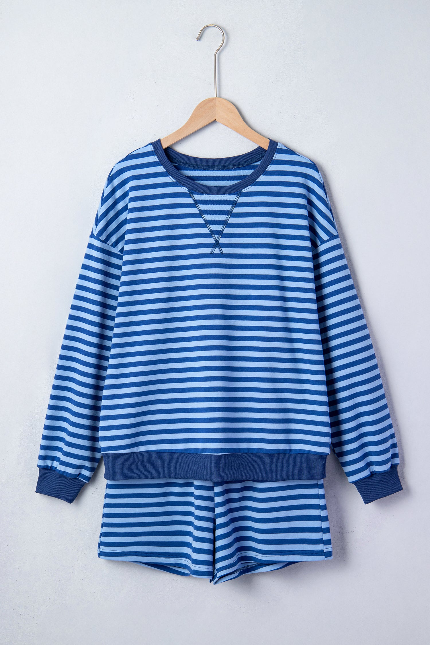 Blue Stripe Drop Shoulder Long Sleeve Pullover Elastic Waist Casual Short Set-Two Piece Sets/Short Sets-[Adult]-[Female]-2022 Online Blue Zone Planet