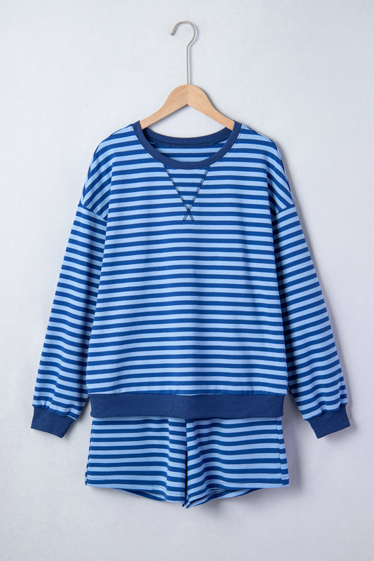 Blue Stripe Drop Shoulder Long Sleeve Pullover Elastic Waist Casual Short Set-Two Piece Sets/Short Sets-[Adult]-[Female]-2022 Online Blue Zone Planet