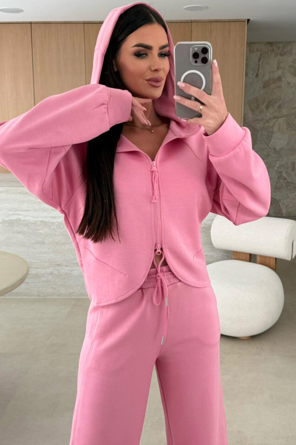 Pink Solid Color Zip Up Hoodie Drawstring Loose Pants Set-Tops / Dresses-[Adult]-[Female]-2022 Online Blue Zone Planet