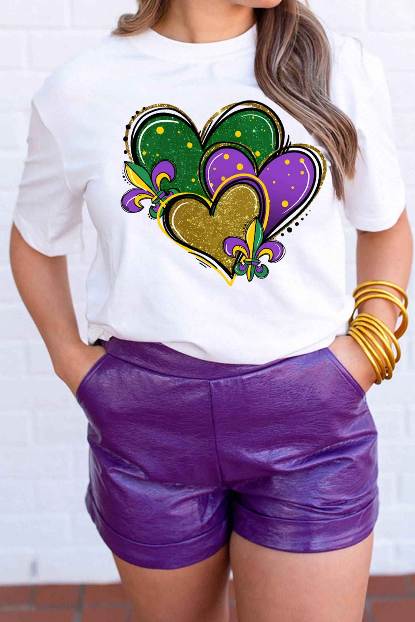 White Mardi Gras Tricolor Heart Print Womens Casual Tee-Graphic Tees-[Adult]-[Female]-White-2XL-2022 Online Blue Zone Planet