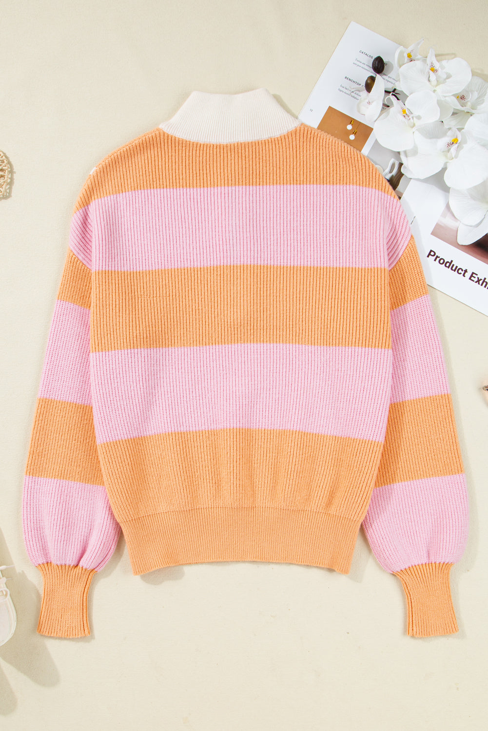 Orange Stripe Colorblock Half Zip Oversize Sweater-Sweaters & Cardigans/Sweaters-[Adult]-[Female]-2022 Online Blue Zone Planet