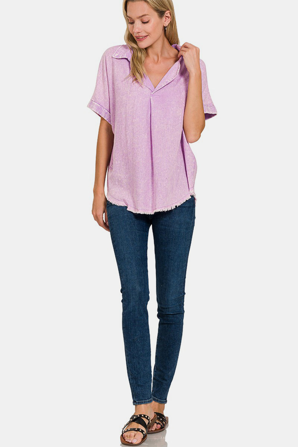 Blue Zone Planet | Zenana Washed Linen Raw Hem V-Neck Shirt-TOPS / DRESSES-[Adult]-[Female]-2022 Online Blue Zone Planet