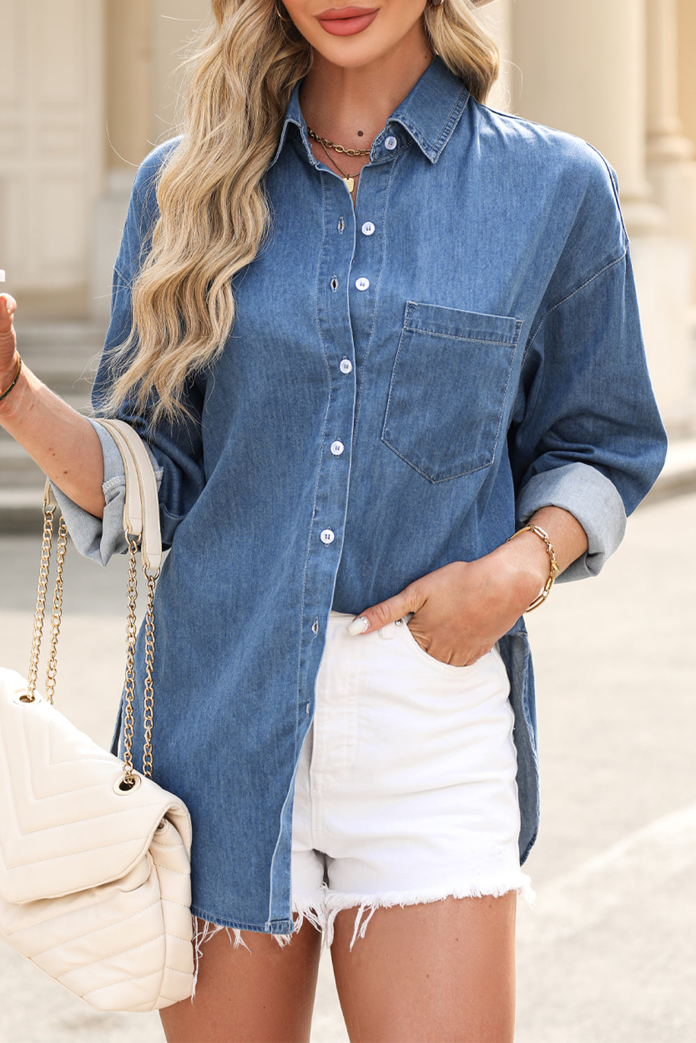 Beau Blue Solid Color Oversized Patched Pocket Buttoned Shirt-Tops/Blouses & Shirts-[Adult]-[Female]-2022 Online Blue Zone Planet