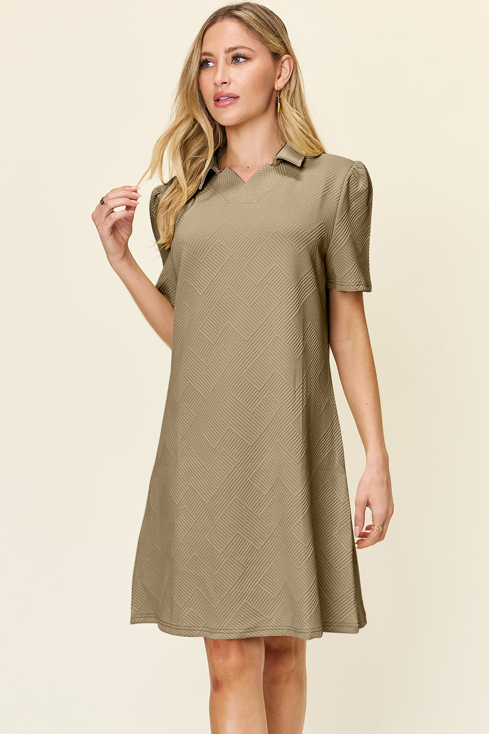 Blue Zone Planet | Double Take Full Size Texture Collared Neck Short Sleeve Dress-TOPS / DRESSES-[Adult]-[Female]-2022 Online Blue Zone Planet