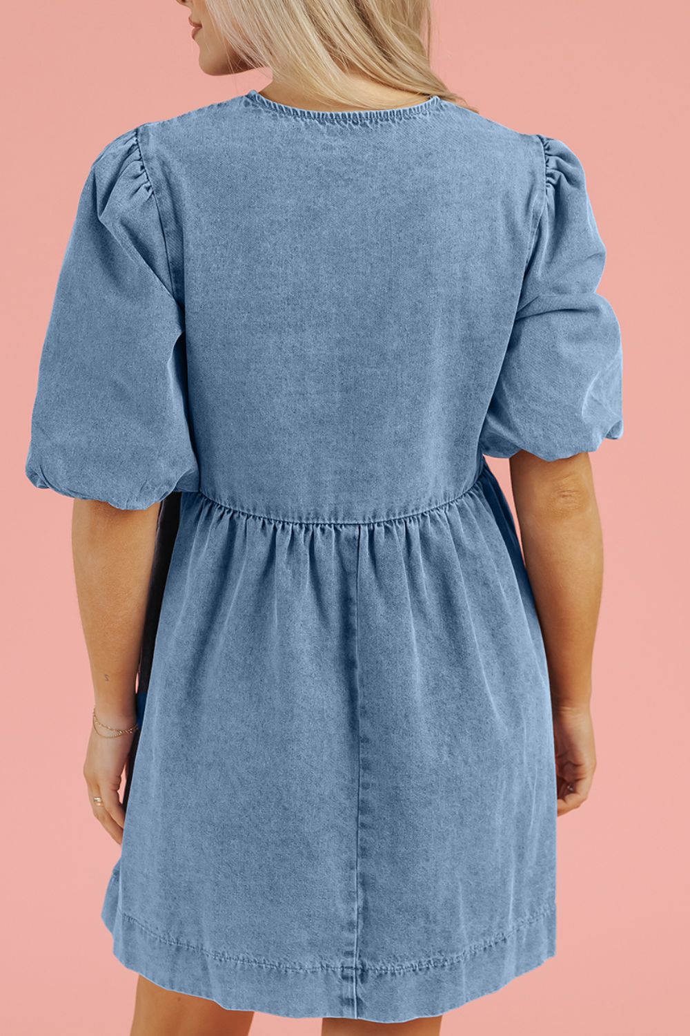 Bowknot Round Neck Half Sleeve Denim Dress-TOPS / DRESSES-[Adult]-[Female]-2022 Online Blue Zone Planet