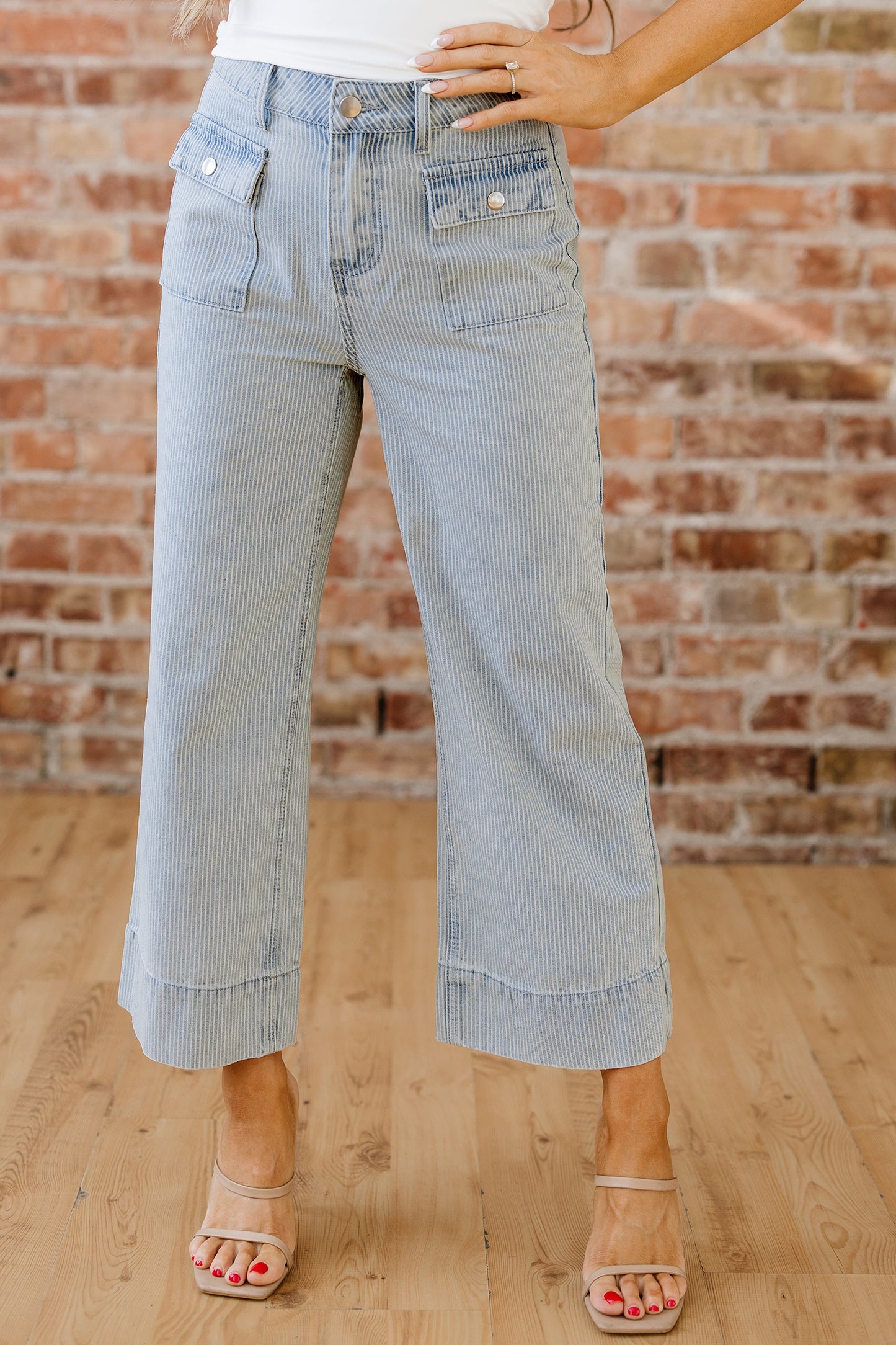Sky Blue Stripe Button Flap Pocket Cuffed Hem Wide Leg Jeans-Bottoms/Jeans-[Adult]-[Female]-2022 Online Blue Zone Planet