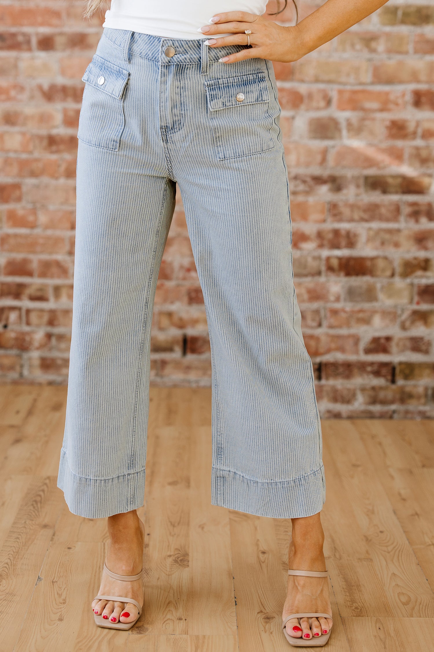 Sky Blue Stripe Button Flap Pocket Cuffed Hem Wide Leg Jeans-Bottoms/Jeans-[Adult]-[Female]-2022 Online Blue Zone Planet