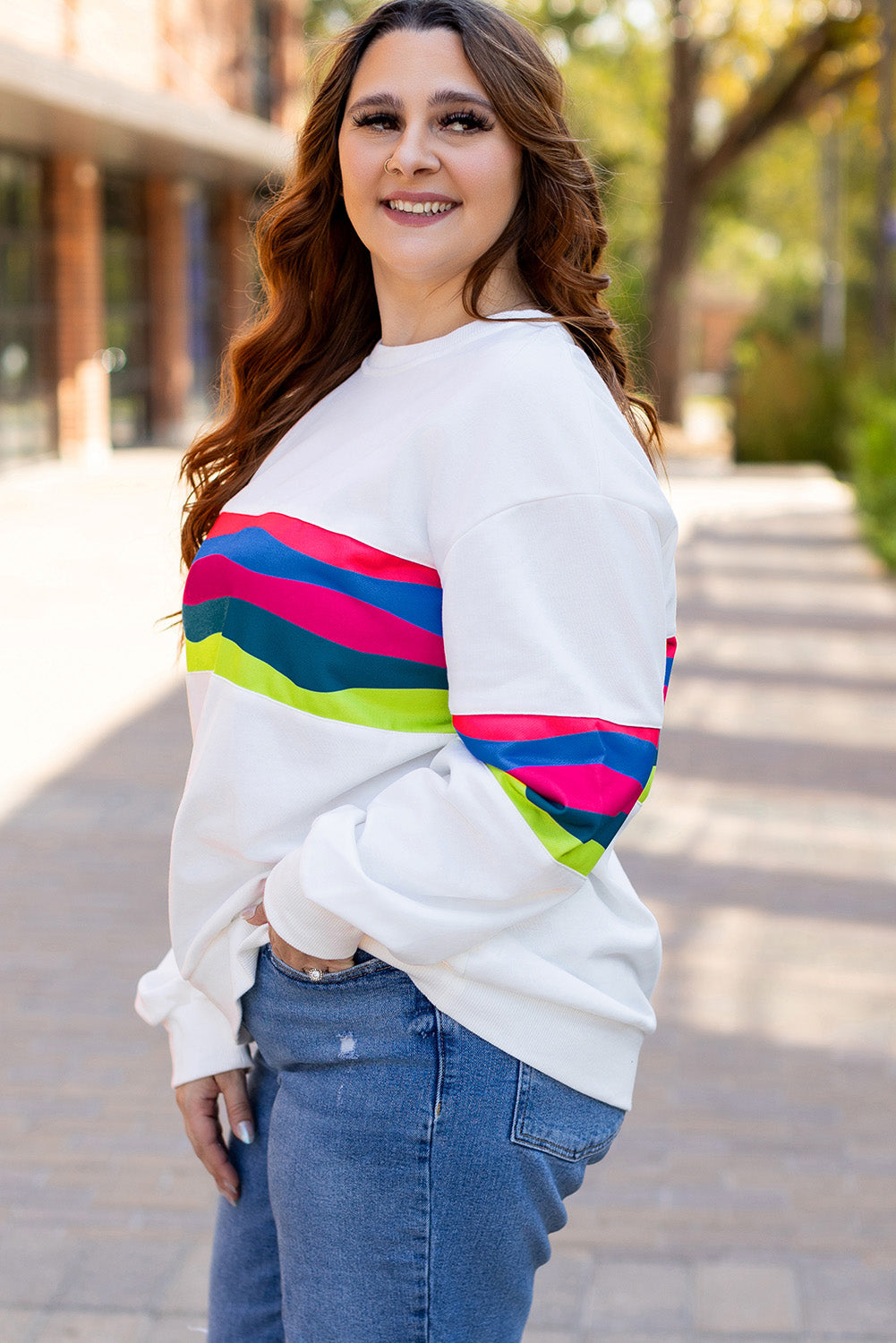 Blue Zone Planet | White Plus Size Colorful Striped Drop Shoulder Loose Sweatshirt-Plus Size/Plus Size Sweatshirts & Hoodies-[Adult]-[Female]-2022 Online Blue Zone Planet