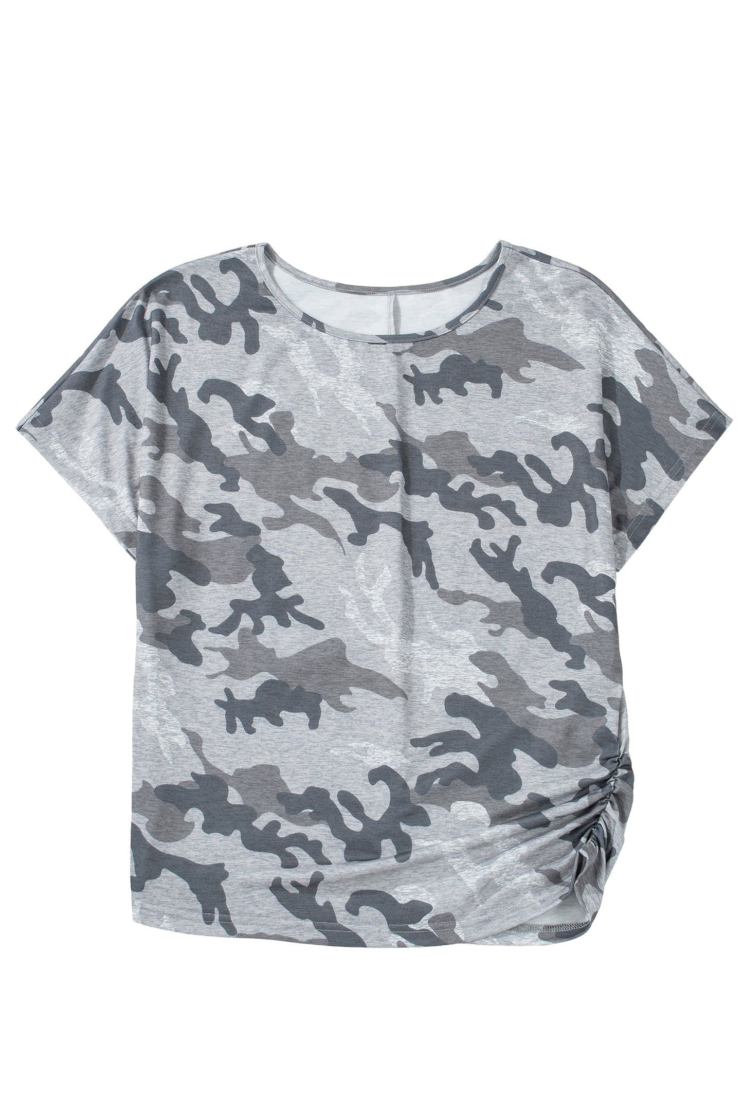 Gray Camouflage Print Round Neck T Shirt-Tops/Tops & Tees-[Adult]-[Female]-2022 Online Blue Zone Planet