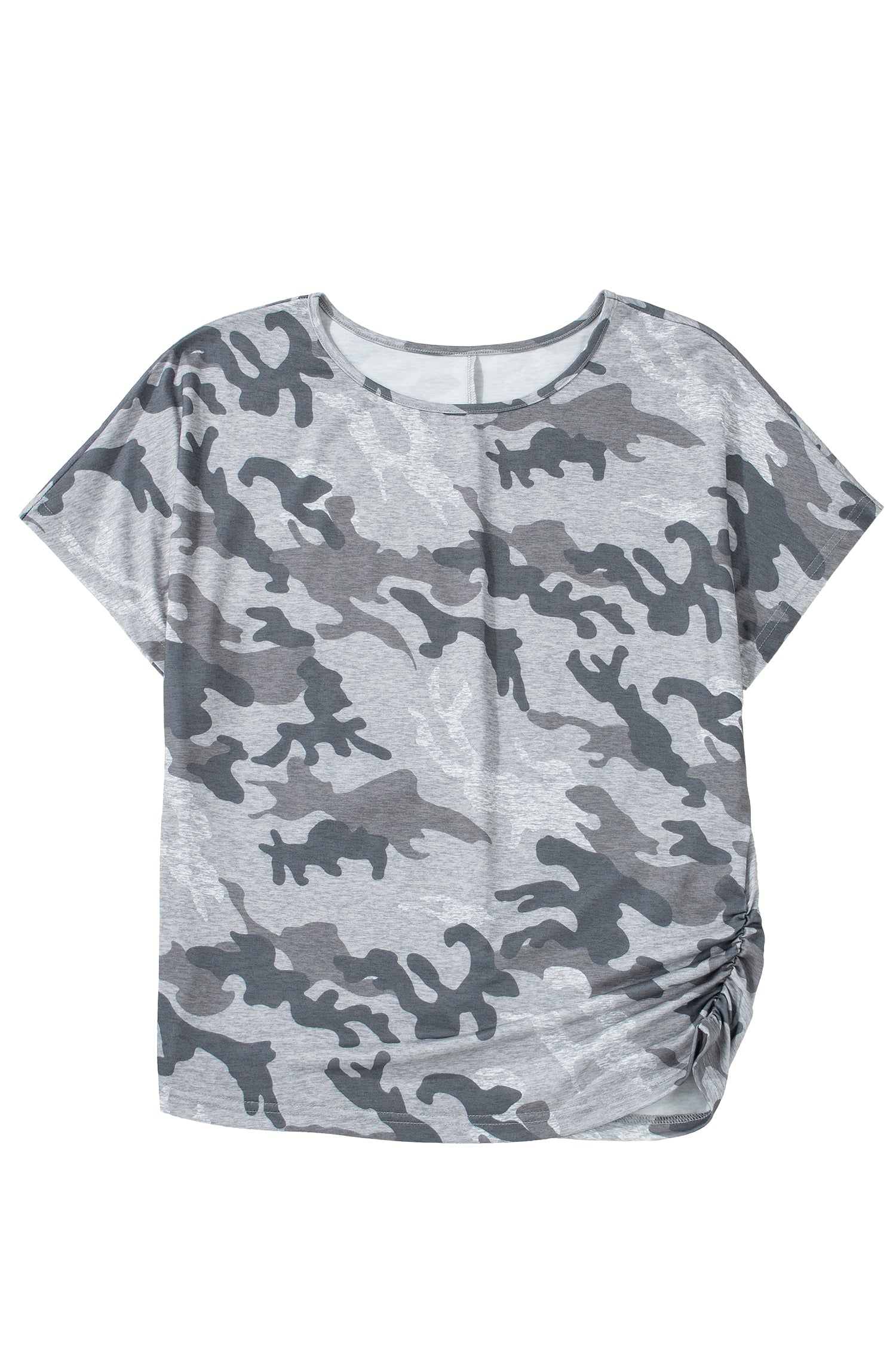 Gray Camouflage Print Round Neck T Shirt-Tops/Tops & Tees-[Adult]-[Female]-2022 Online Blue Zone Planet