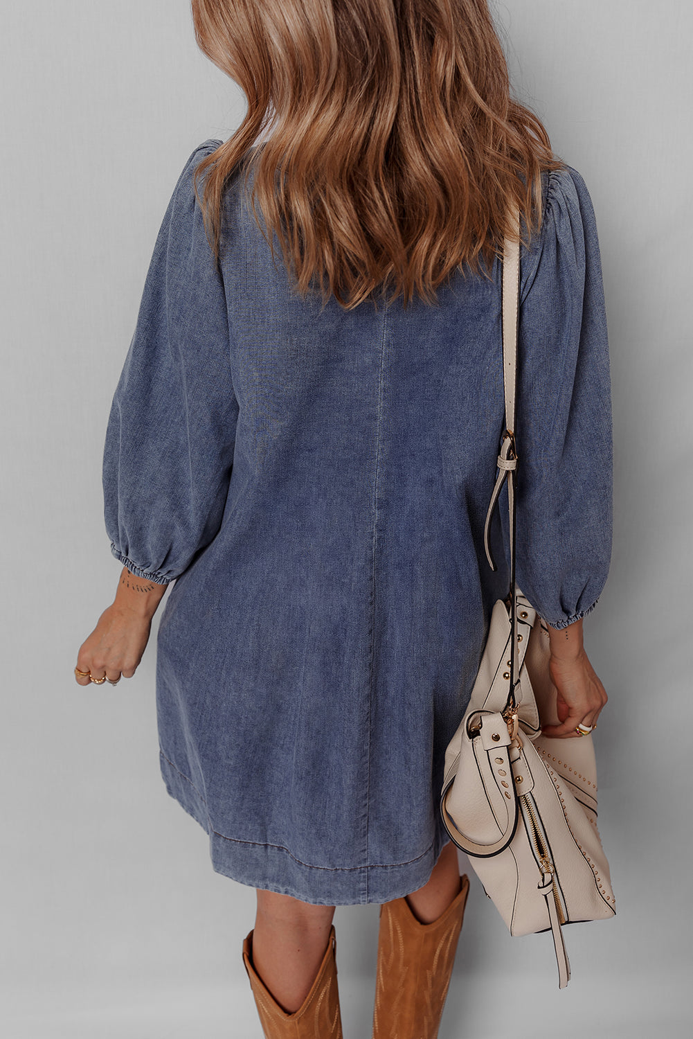 Sail Blue 3/4 Sleeve Tied V Neck Pleated Denim Mini Dress-TOPS / DRESSES-[Adult]-[Female]-2022 Online Blue Zone Planet