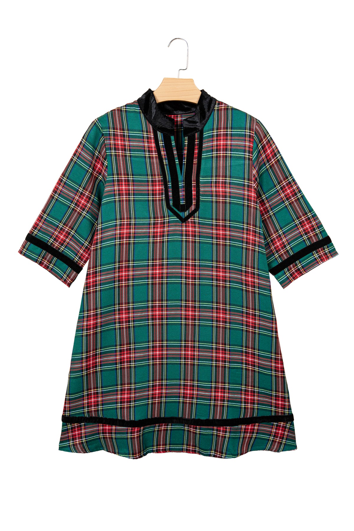 Green Plaid Velvet Trim Pockets Short Shift Dress-TOPS / DRESSES-[Adult]-[Female]-2022 Online Blue Zone Planet