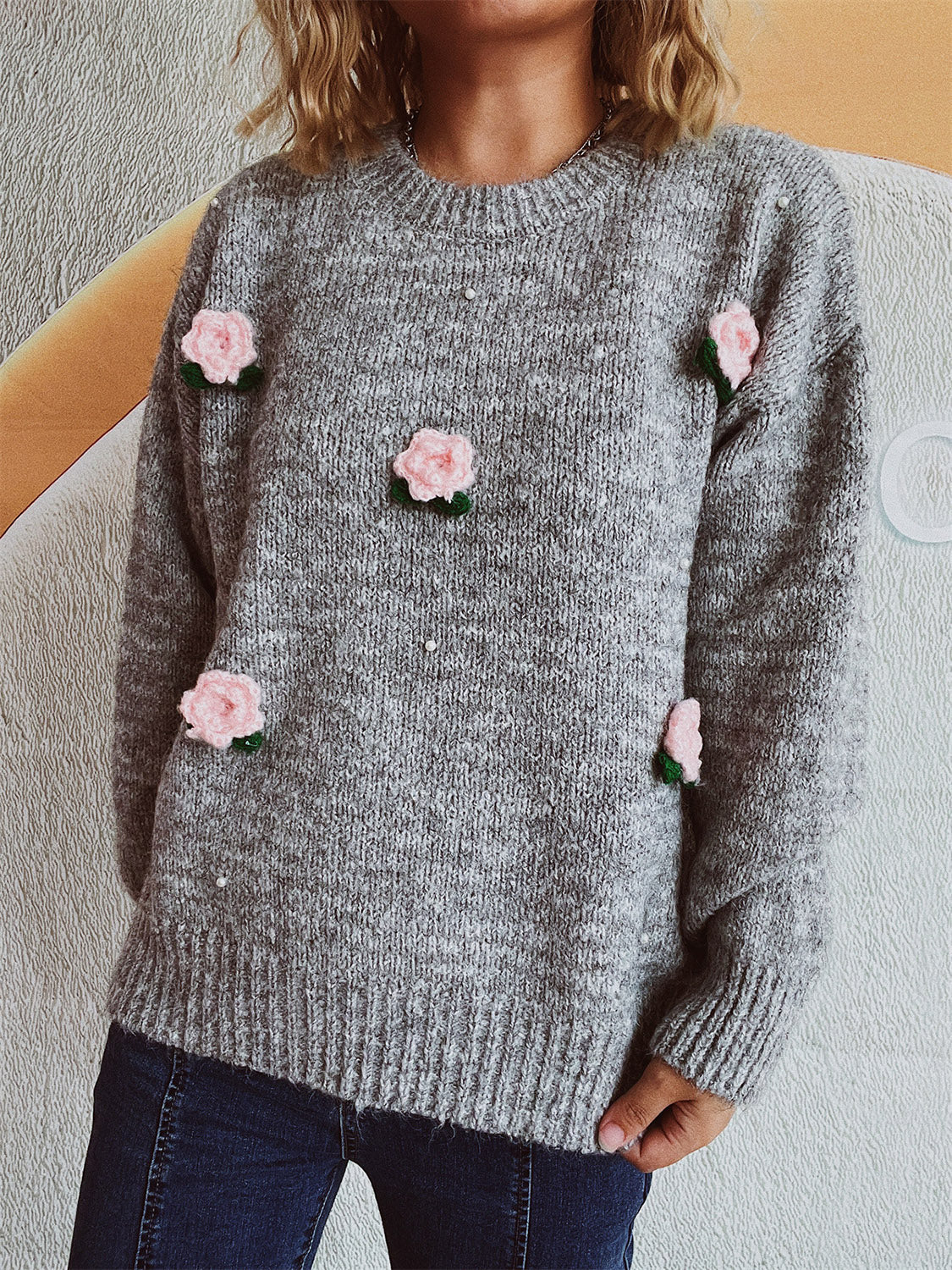 Flower Round Neck Long Sleeve Sweater-TOPS / DRESSES-[Adult]-[Female]-2022 Online Blue Zone Planet