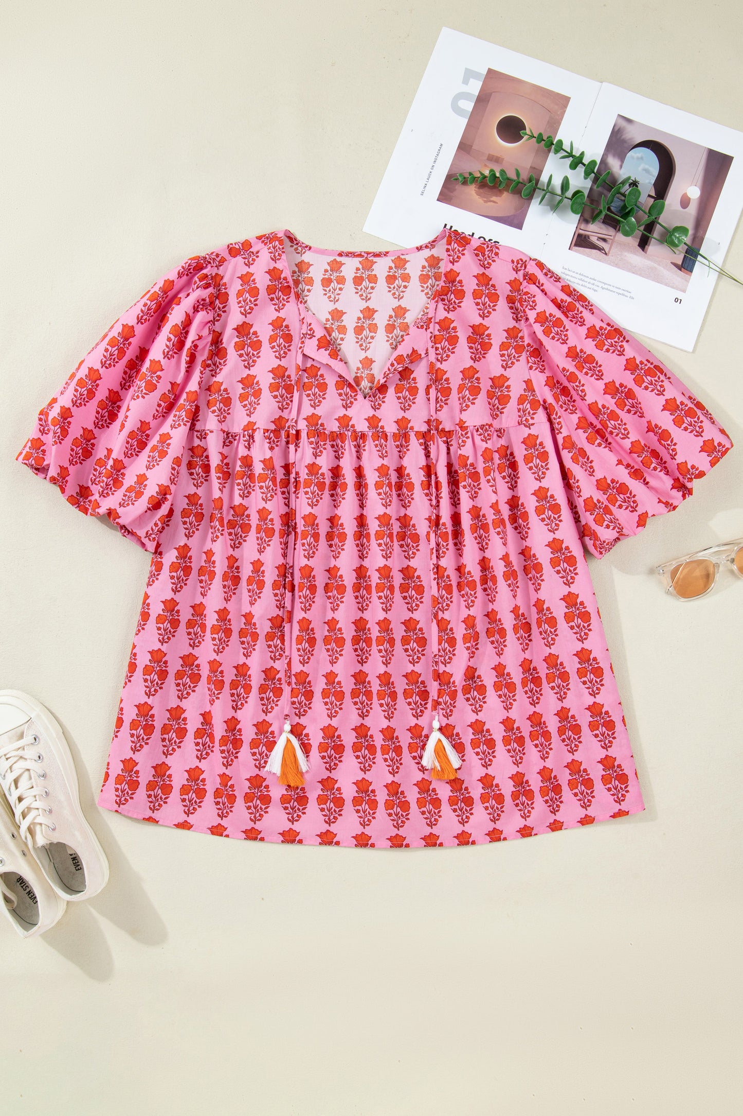 Pink Plus Size Floral Print Tassel Tie Puff Sleeve Cotton Blouse-Plus Size/Plus Size Tops/Plus Size Blouses & Shirts-[Adult]-[Female]-2022 Online Blue Zone Planet