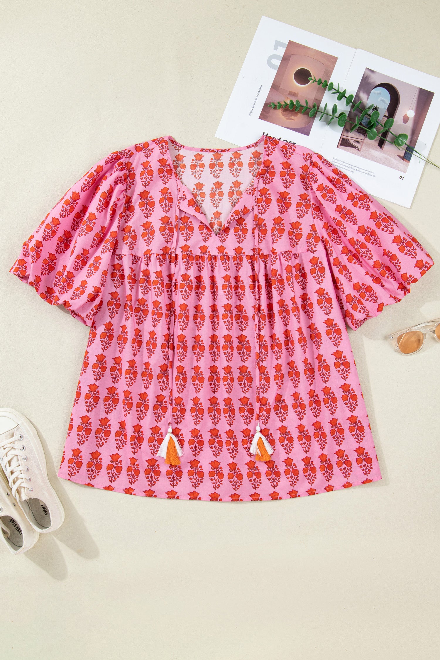 Pink Plus Size Floral Print Tassel Tie Puff Sleeve Cotton Blouse-Plus Size/Plus Size Tops/Plus Size Blouses & Shirts-[Adult]-[Female]-2022 Online Blue Zone Planet
