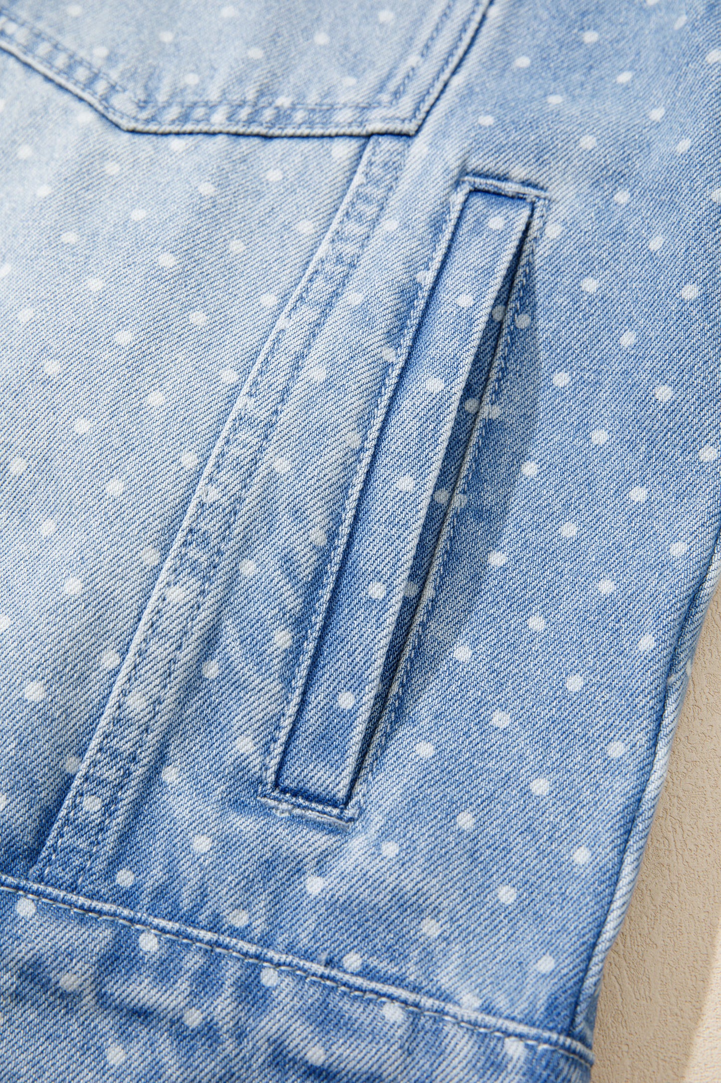 Sky Blue Polka Dot Long Sleeve Collar Pocket Casual Shift Silhouette Denim Jacket-Outerwear/Denim jackets-[Adult]-[Female]-2022 Online Blue Zone Planet