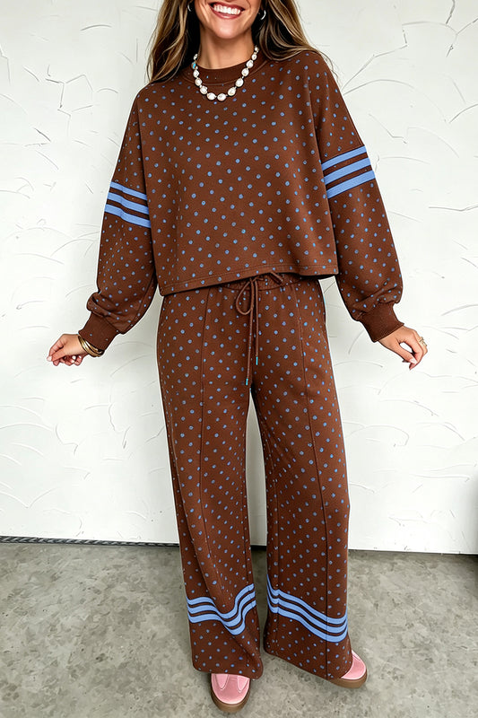 Brown Polka Dot Print Colorblock Stripes Detail Relaxed 2pcs Pant Set-Two Piece Sets/Pant Sets-[Adult]-[Female]-Brown-S-2022 Online Blue Zone Planet