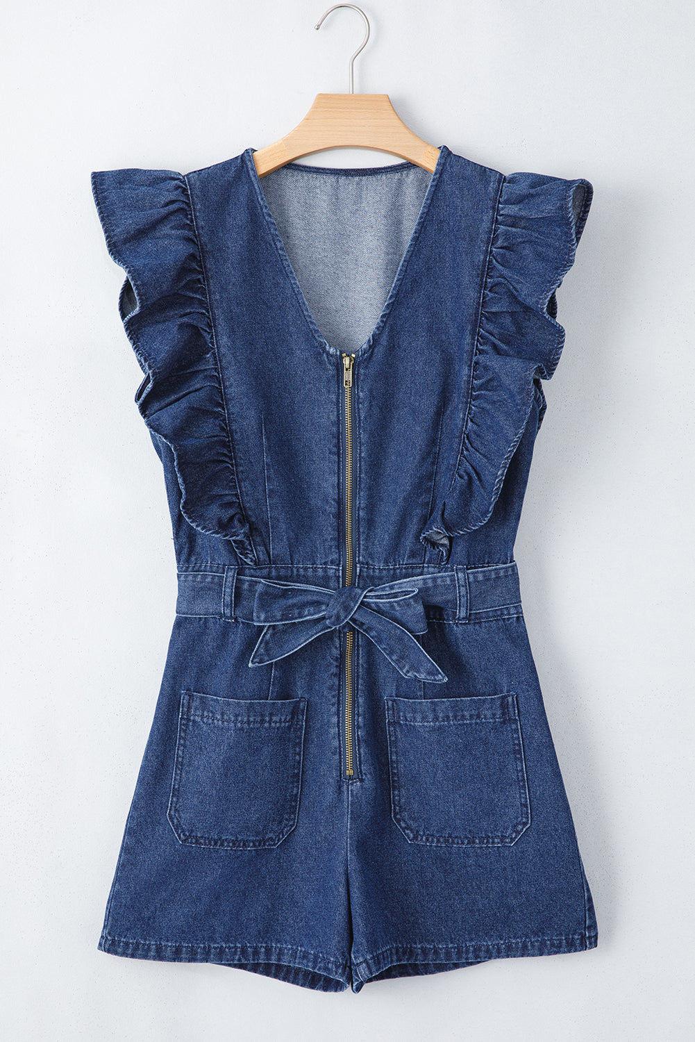 Sail Blue Denim Ruffled Zipped Front Belted Romper-Rompers-[Adult]-[Female]-2022 Online Blue Zone Planet