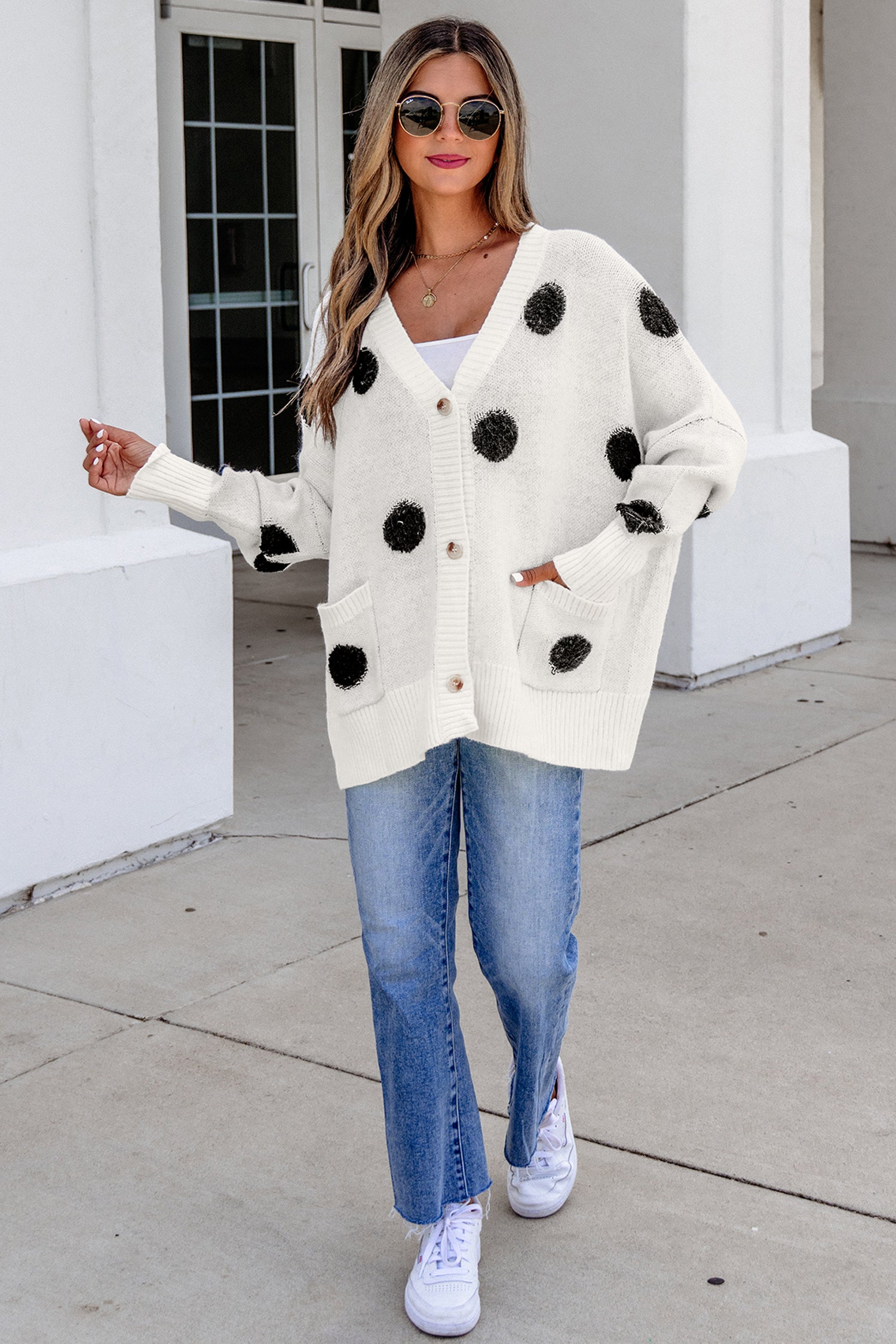 Beige Polka Dot Button Front Oversized V Neck Cardigan-Sweaters & Cardigans/Cardigans-[Adult]-[Female]-2022 Online Blue Zone Planet