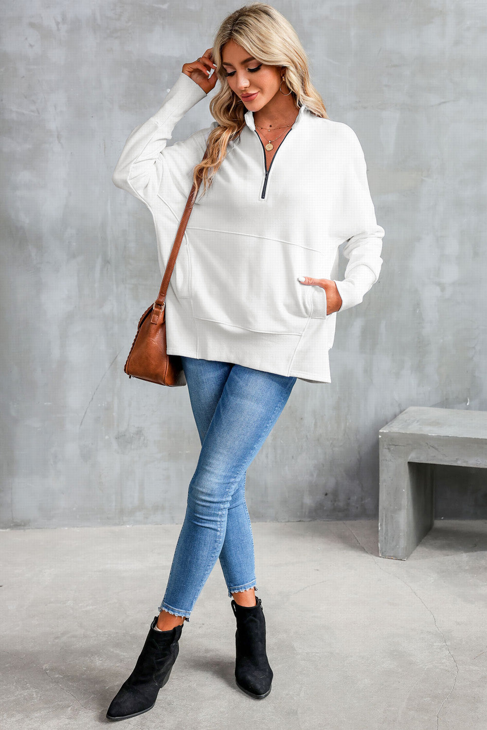 Half Zip Pocketed Dropped Shoulder Sweatshirt-TOPS / DRESSES-[Adult]-[Female]-2022 Online Blue Zone Planet