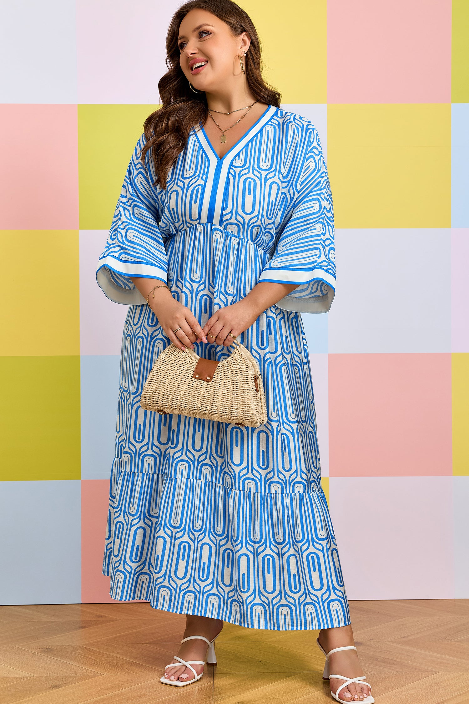 Sky Blue Plus Size Geometric Print Contrast Trim V Neck Bracelet Sleeve Long Dress-Bracelet-[Adult]-[Female]-2022 Online Blue Zone Planet