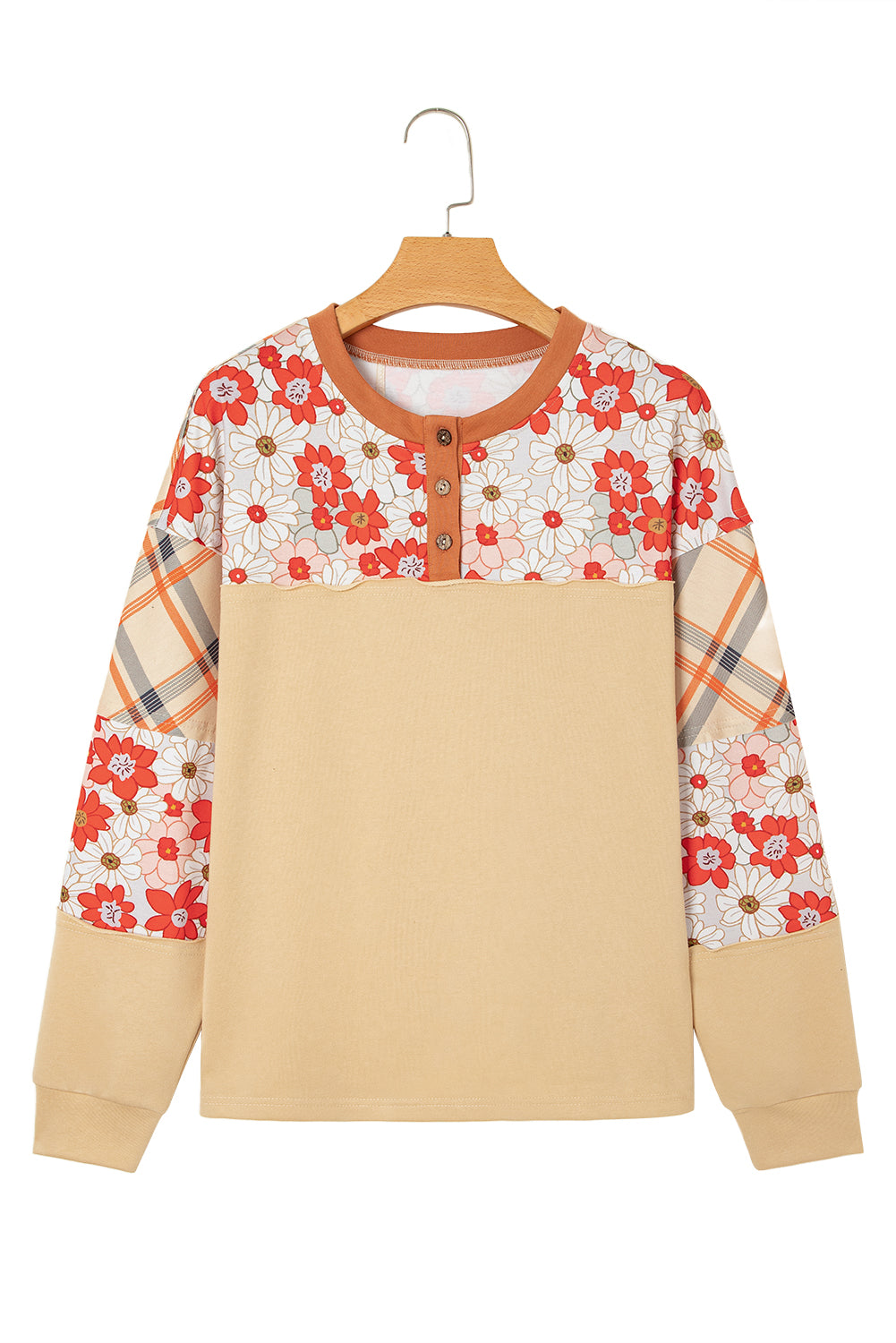 Parchment Floral Plaid Patchwork Casual Top-Tops/Long Sleeve Tops-[Adult]-[Female]-2022 Online Blue Zone Planet