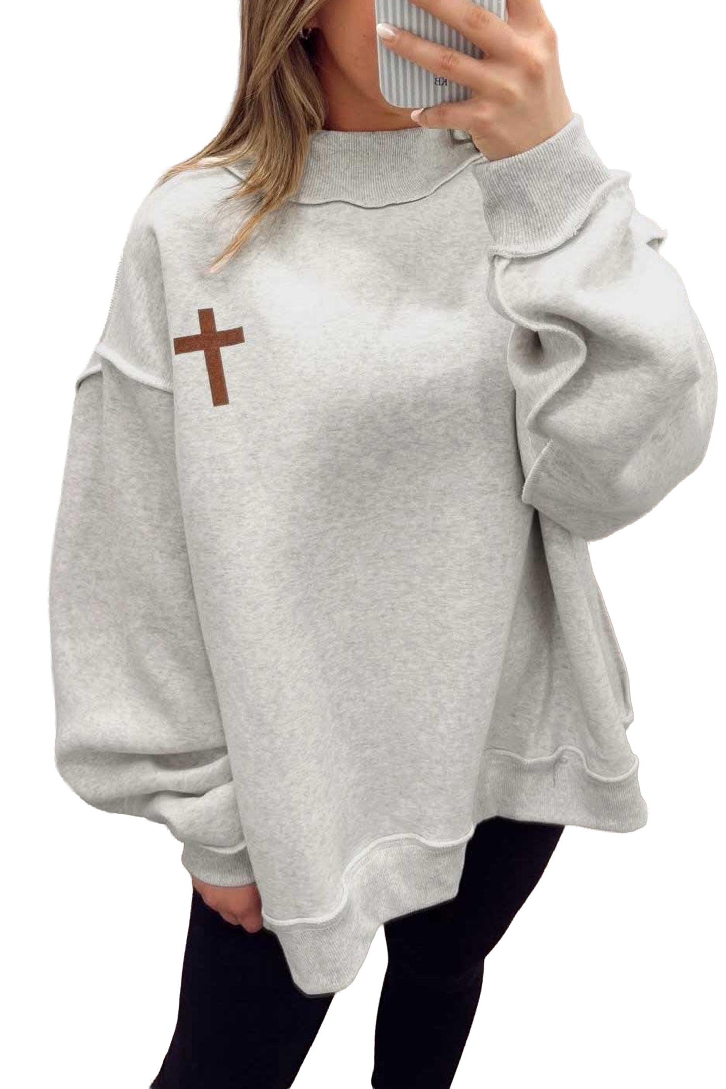 Light Grey Reversible Christian Faith Print Mock Neck Pullover Sweatshirt-Tops/Sweatshirts & Hoodies-[Adult]-[Female]-2022 Online Blue Zone Planet