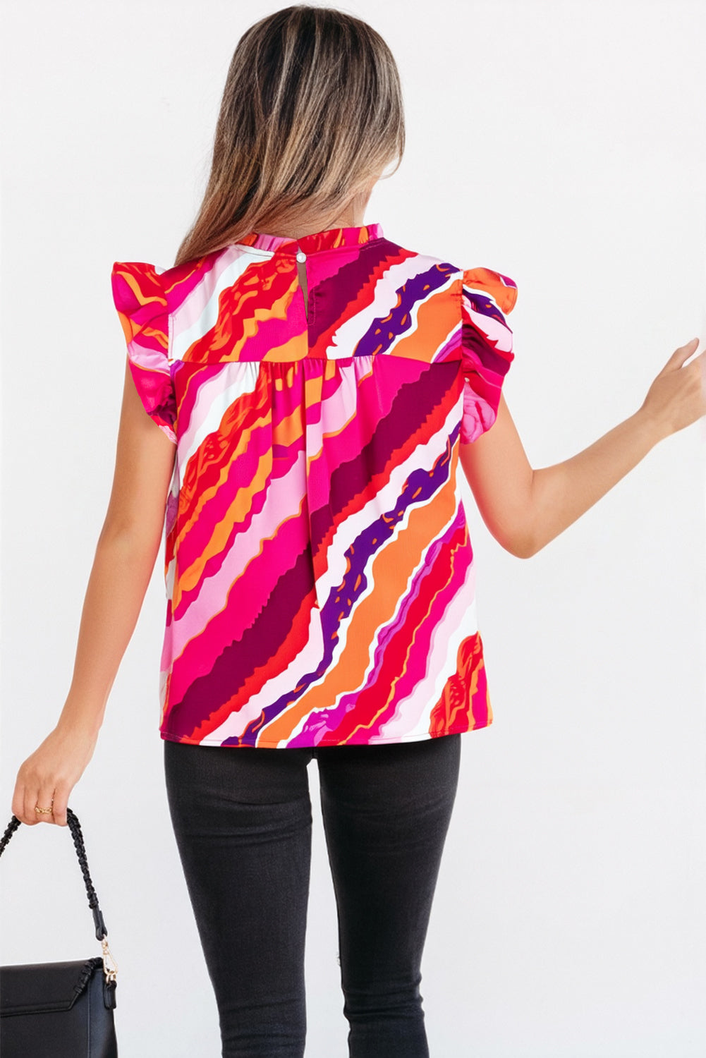 Rose Abstract Print Shirred Yoke Ruffled Blouse-Tops/Blouses & Shirts-[Adult]-[Female]-2022 Online Blue Zone Planet